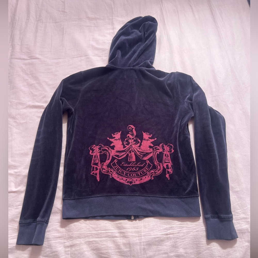 Vintage Y2K Juicy Couture Dark Blue Jacket with Pink Dog Emblem